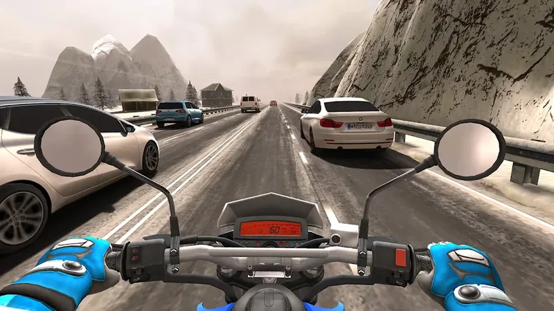 Vista do capacete numa estrada de montanha em Traffic Rider